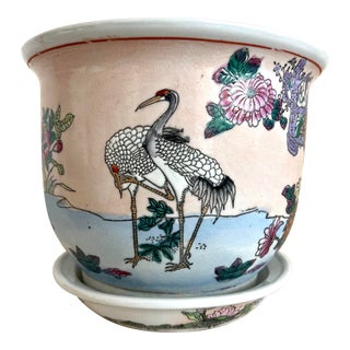 Vintage Hand Painted Chinoiserie Porcelain Planter With Cranes and Floral Motifs For Sale
