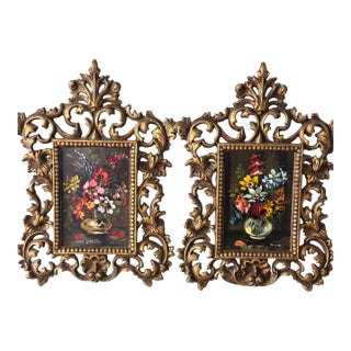 Vintage Rococo Style Miniature Still Life Paintings in Gilded Brass Frames – Pair For Sale
