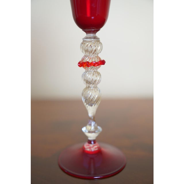Mid 20th Century Mid 20th Century Italian Ruby Red Murano-Style Art Glass Flute With Twisted Gold Aventurine Stem For Sale - Image 5 of 8