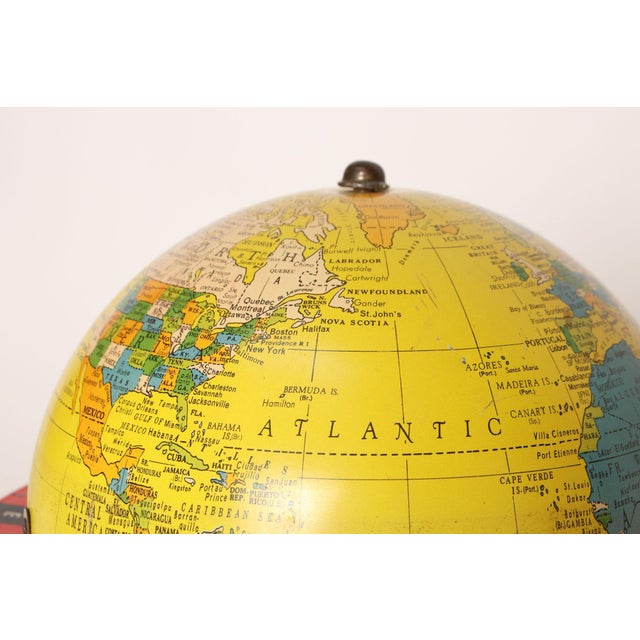 Vintage Replogle Yellow and Red Tin Litho "Globe Grams' Spinning World Globe For Sale - Image 16 of 18
