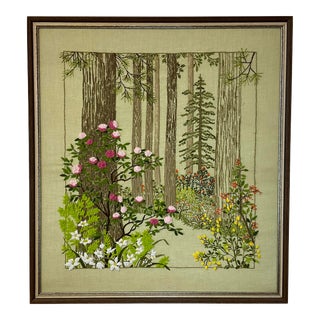 1950s Americana Handcrafted Path in the Woods Needlepoint, Framed. For Sale