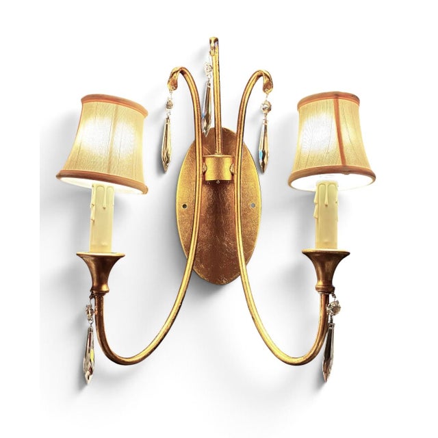 1990s Mid-Century Modern Gold Leaf 2-Light Crystal Wall Sconce For Sale - Image 12 of 14