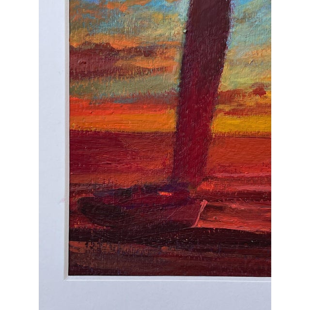 Acrylic on paper original painting of a sailboat almost in silhouette by a dramatic and moody, yet colorful sunset. The...