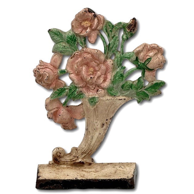 American Hard 2 Find Vintage 1930s Hubley Manufacturing Co. #441 Pink Roses in Slanted Vase Cast Iron Flower Doorstop For Sale - Image 3 of 12