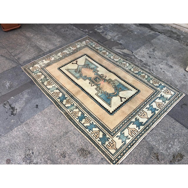 Tan 1960s Vintage Anatolian Handmade Tribal Rug- 3′11″ × 5′7″ For Sale - Image 8 of 11