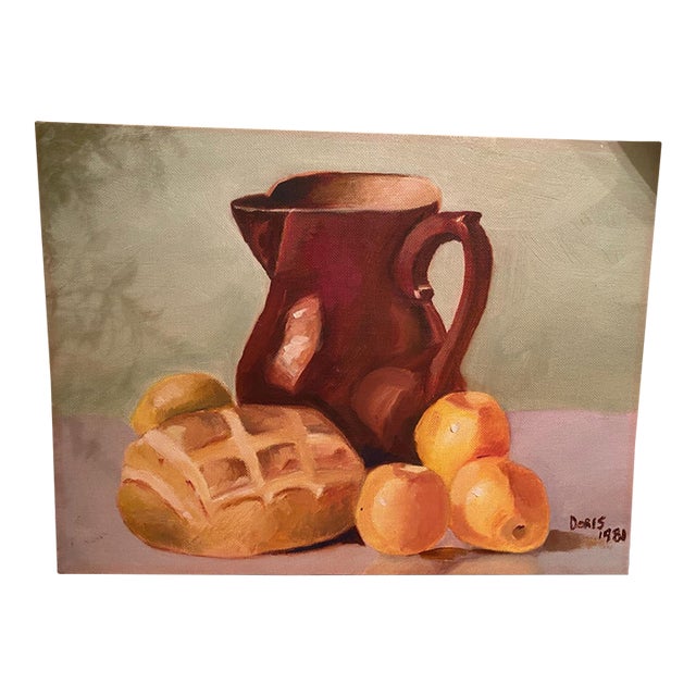 Original Still Life Painting – Lemons, Jug, Bread, 1981 European Farmhouse Art For Sale