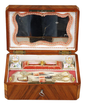 Restoration Period Sewing Box in Rosewood Veneer, Gold and Silver, 1830s