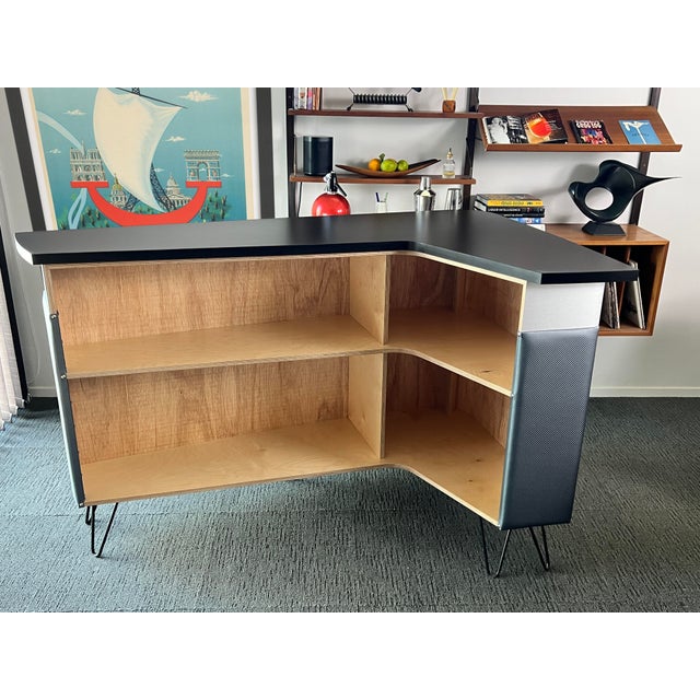 Mid-Century Modern Free Standing Large Boomerang Shaped Home Bar With Brushed Metal Accent For Sale - Image 3 of 10