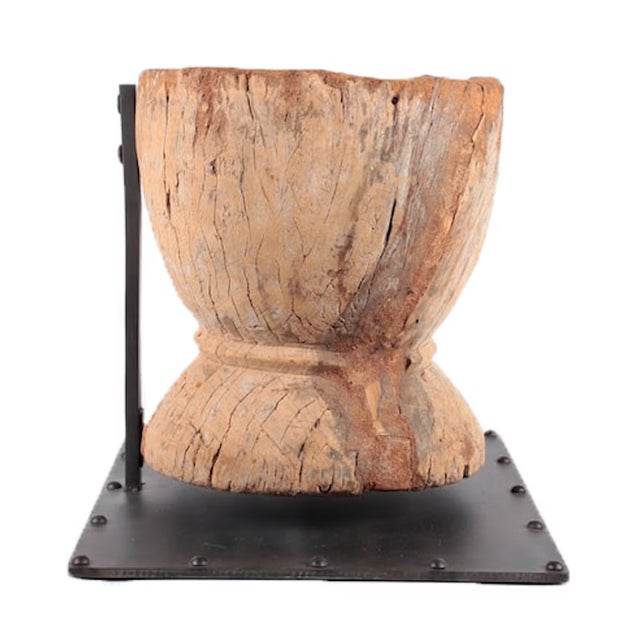 Tan Antique Hand Carved Wood Mortar on Display Stand For Sale - Image 8 of 17
