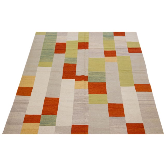 Modern Kilim Flatweave Wool Rug With Multicolor Geometric Design For Sale - Image 4 of 9