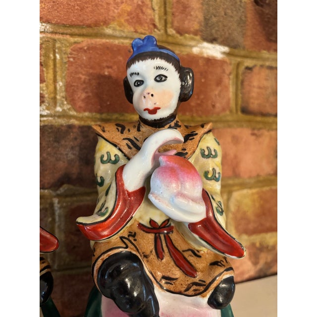 Mid-20th Century Chinoiserie Porcelain Monkey & Longevity Peach Figurines - Pair For Sale - Image 4 of 13
