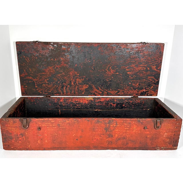 Early 20th Century Farmhouse Red Dovetail Trunk Box For Sale - Image 10 of 17