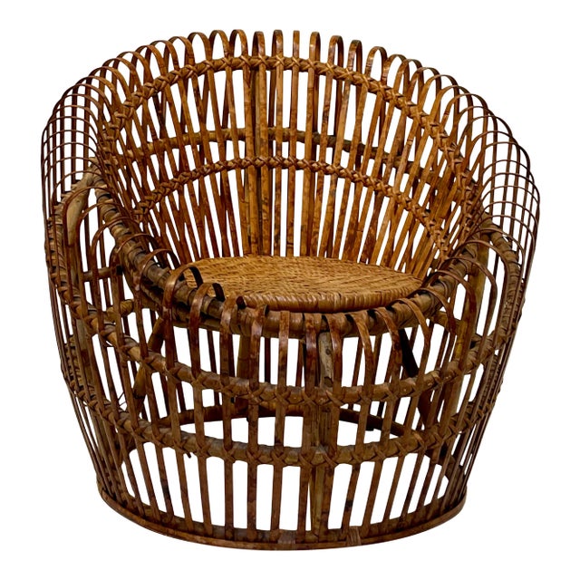 Franco Albini Style Round Bamboo Rattan Chair For Sale