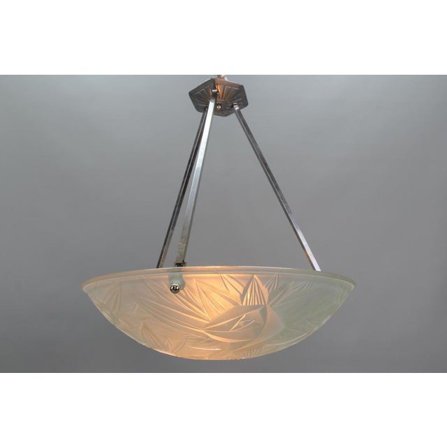 Metal Art Deco French Chromed Brass and Frosted Glass Pendant Light by Noverdy, 1930s For Sale - Image 7 of 18