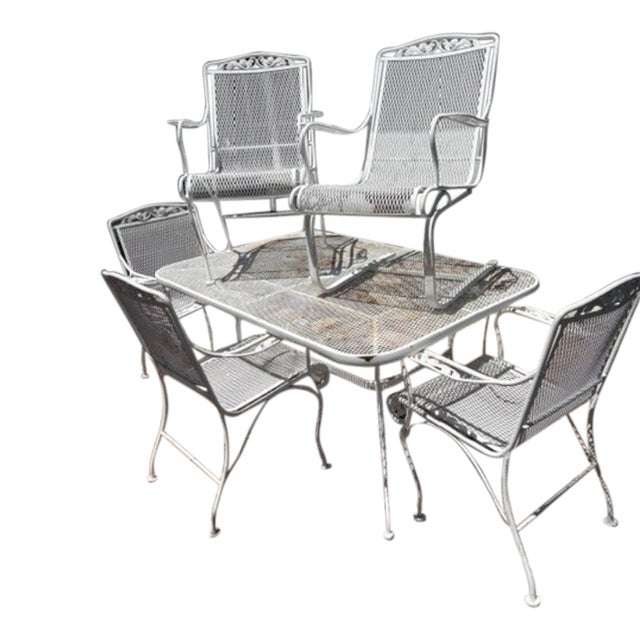 Large Vintage Table and Wrought Iron Table & 5 Chairs For Sale
