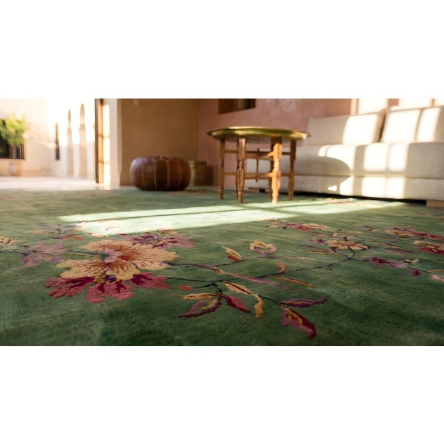 Soothing Green Color Minimalist Open Field and Floral Border Antique Chinese Art Deco Carpet For Sale - Image 12 of 12