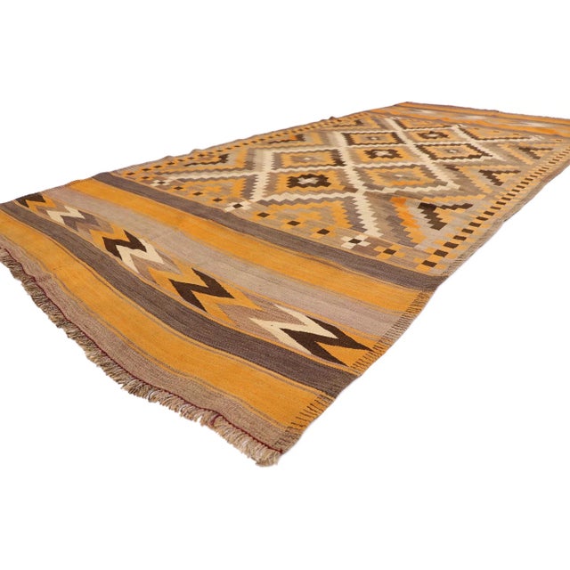 Vintage Afghan Maimana Kilim Rug with Bohemian Southwestern Style 05'04 x 12'00. Full of tiny details and a bold...