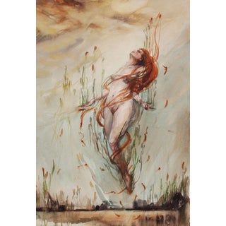 Natura by Michele Bajona | Watercolor on paper of a figure emerging from water with flowing hair. For Sale