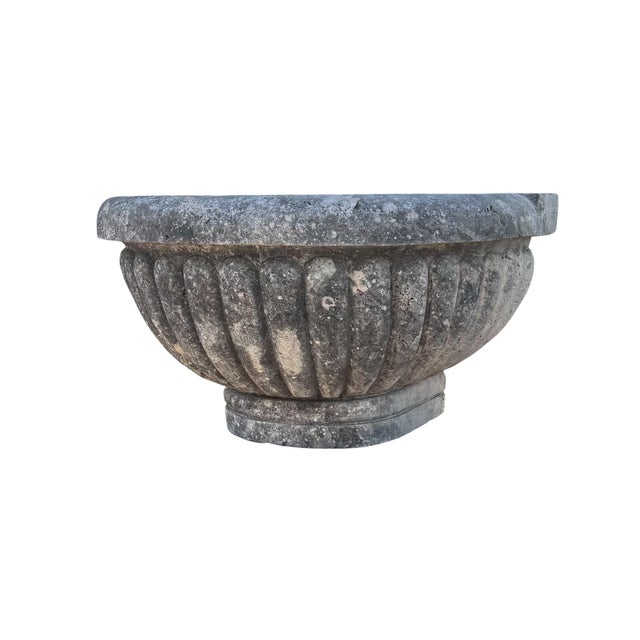Contemporary Carved Limestone Fluted Sink or Fountain Basin With Aged Patina For Sale - Image 3 of 12