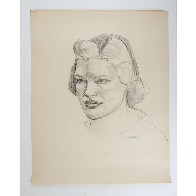 Vintage 1950 charcoal on paper portrait drawing of woman by Geneva Flores Hart (1906-2008) Texas. Unsigned, from the...