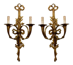 French Louis XVI Style Bronze Two-Light Sconces with Hunting Horns - A Pair