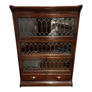 Vintage Leaded Glass Barrister Bookcase Mother of Pearl For Sale