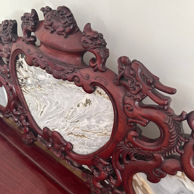 Chestnut Chinese Carved Hardwood Dragon Settee With Three Dali Dreamstone Marble Panels, Mid-20th Century For Sale - Image 8 of 12