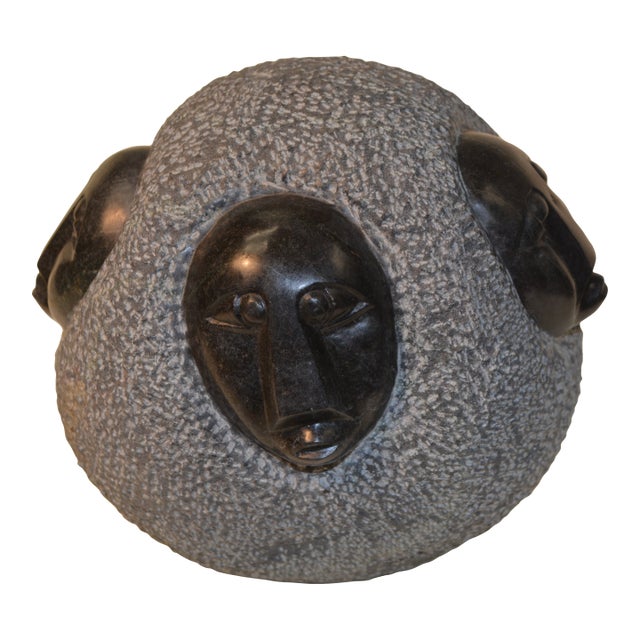 Vintage African Black & Gray Shona Stone Round Woman / Heads Sculpture Statue For Sale