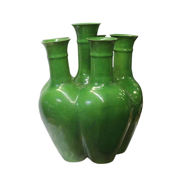 Chinese Ceramic Lime Green Six Mouth Round Flower Vase Chairish