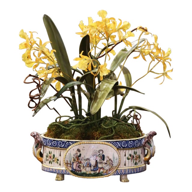 19th Century French Hand Painted Faience Jardinière Signed Hb Quimper For Sale