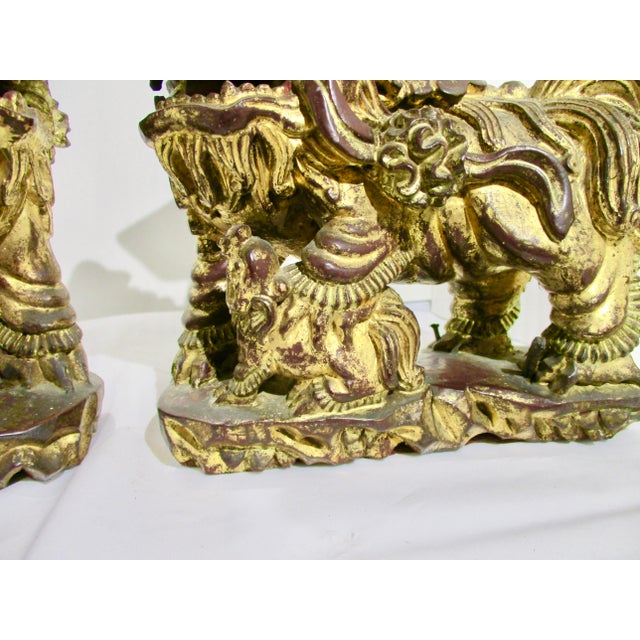 Chinese Gilt Foo Dogs Candle Stands 19th Century - A Pair of 2 For Sale In New York - Image 6 of 12