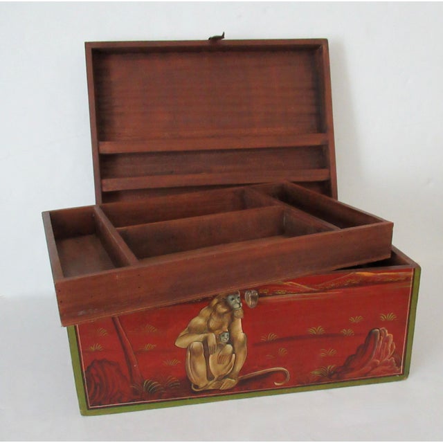 Wood Anglo-Indian, Asian Hand-Crafted & Painted Large Lidded Storage/Chest With Brass Hardware For Sale - Image 7 of 18