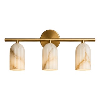 Handcrafted Brass 3-Light Vanity Sconce With Natural Alabaster Shades, Luxury Bathroom Lighting For Sale