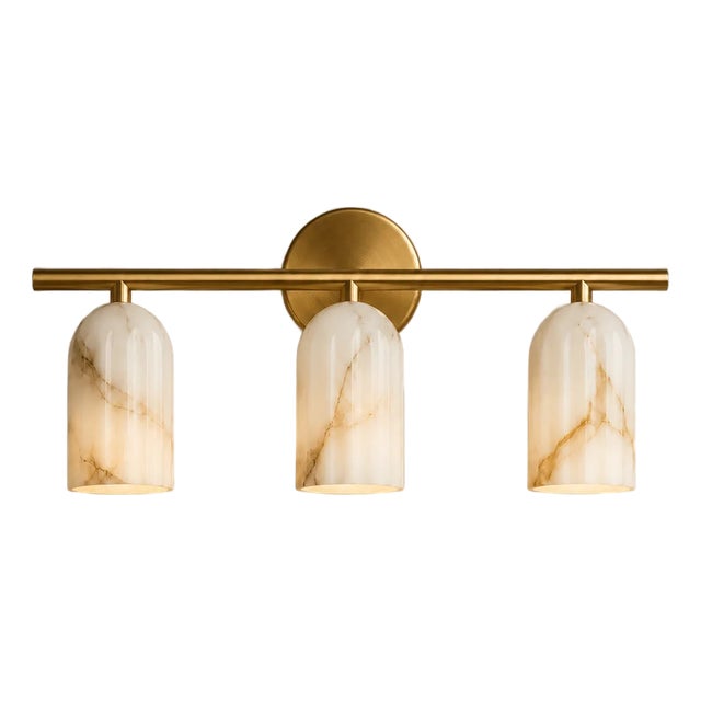 Handcrafted Brass 3-Light Vanity Sconce With Natural Alabaster Shades, Luxury Bathroom Lighting For Sale