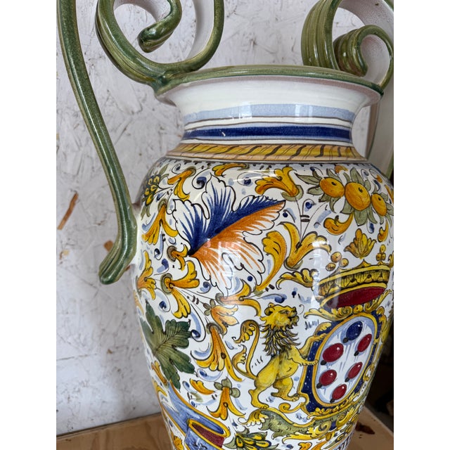 Mid 20th Century Hand-Painted Italian Majolica Ceramic Amphora Floor Vase With Caffagiolo Pattern For Sale - Image 6 of 10