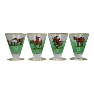 Set X 4 Abercrombie & Fitch X Frank Vosmansky Hand Painted Fox Hunter Cocktail Glasses For Sale