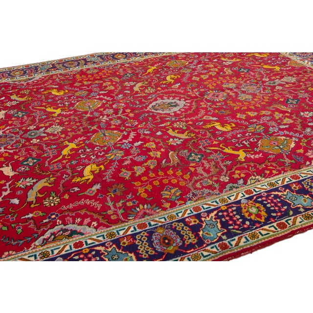 Textile 1950s Vintage Tabriz Red Handmade Persian Wool Rug With Shab Abbasi Design For Sale - Image 7 of 8