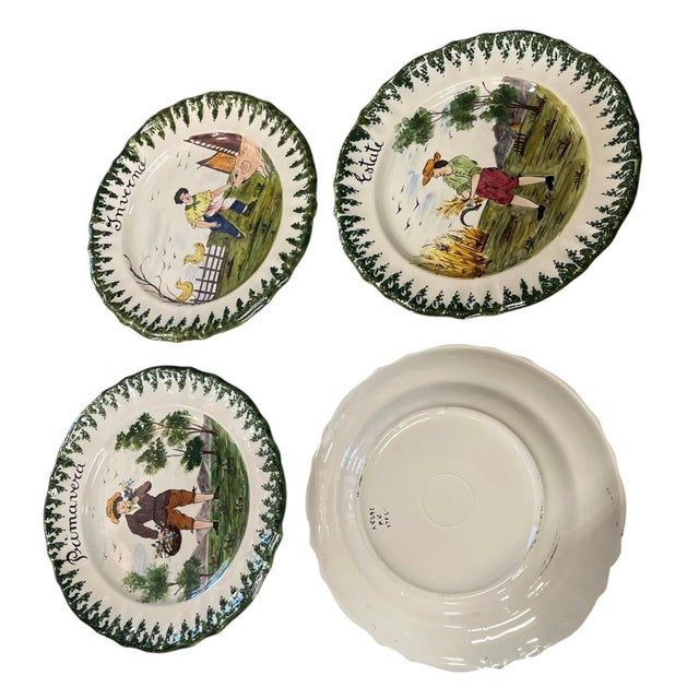Set of Four Vintage Italian Hand-Painted Faience "Four Seasons" Ceramic Plates For Sale In West Palm - Image 6 of 12