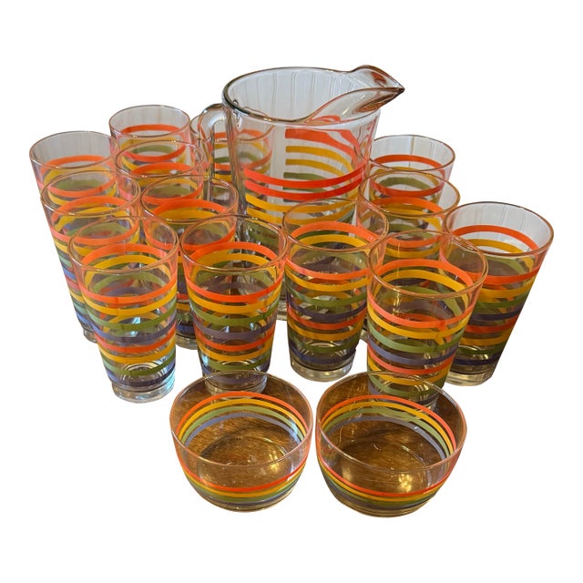 Late 20th Century Mid Century Modern Libbey Fiesta Mambo Stripped Glassware - Set of 16 For Sale