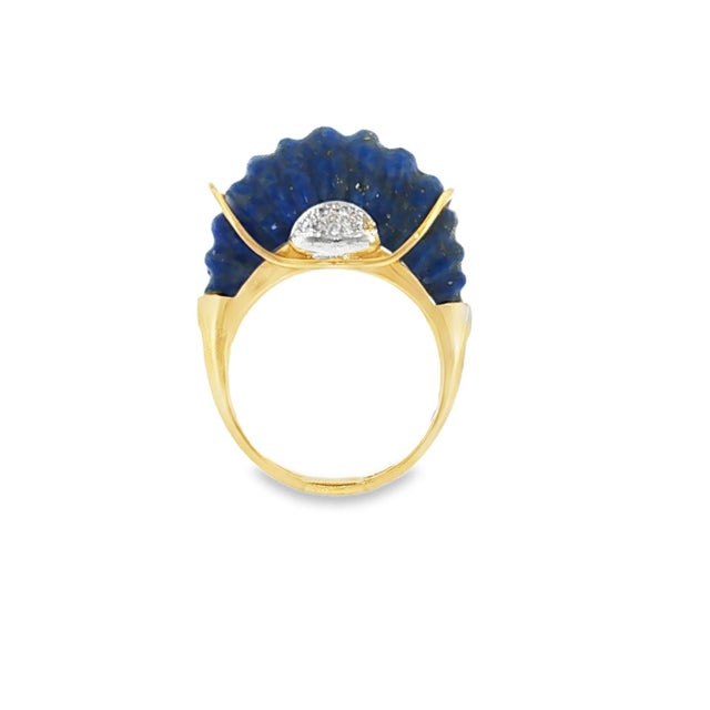Contemporary Mid Century 14k Yellow Gold Carved Lapis and Diamond Dome Ring, Size 6.5 For Sale - Image 3 of 4