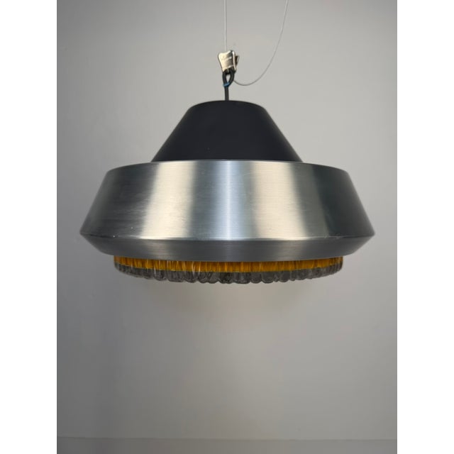 Space Age Pendant Lamp in Brushed Aluminium and Amber Pressed Glass, 1970s For Sale - Image 12 of 12