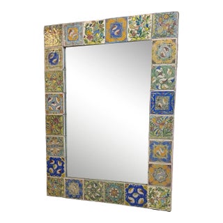 Large Hand Painted Ceramic Tile Mirror For Sale