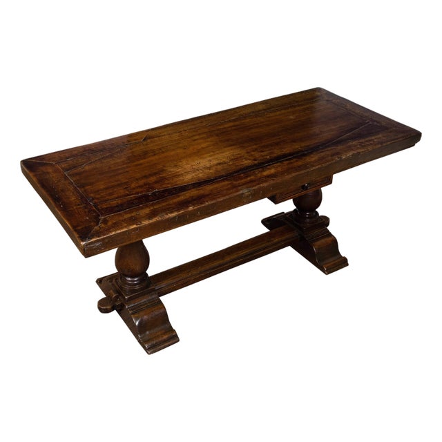 Early Italian 19th Century Walnut Table with Trestle Base and Single Drawer For Sale