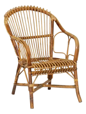 Italian Fan-Backed Arm Chair of Rattan and Bamboo From the Mid-20th Century
