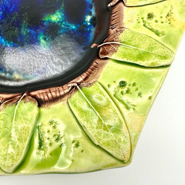 Early 21st Century Studio Pottery Sage Leaves Hexagon Majolica Decorative Plate in Green & Blue For Sale - Image 4 of 8