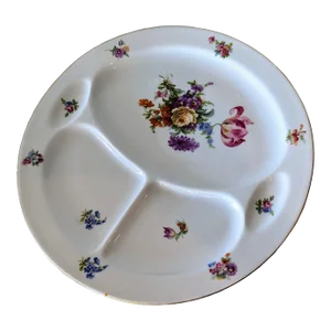 Antique Dresden Porcelain Floral, Gold Trim Grill Plate by Pirkenhammer