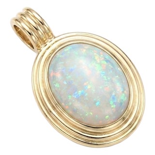 Australian White Opal Cabochon Pendant | 18k Yellow Gold Plated Ribbed Edge Frame Charm | October Birthstone Gift for Her For Sale