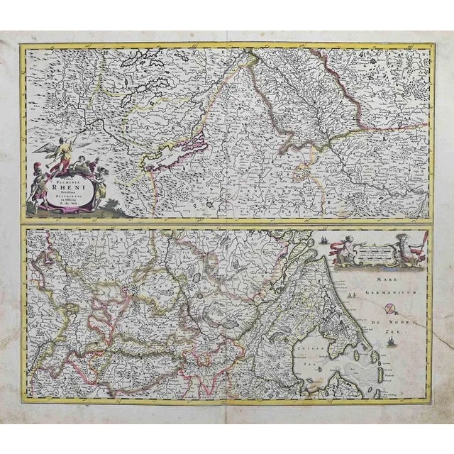 This double-page etching with contemporary coloring, entitled Totius fluminis Rheni novissima descriptio, was realized by...