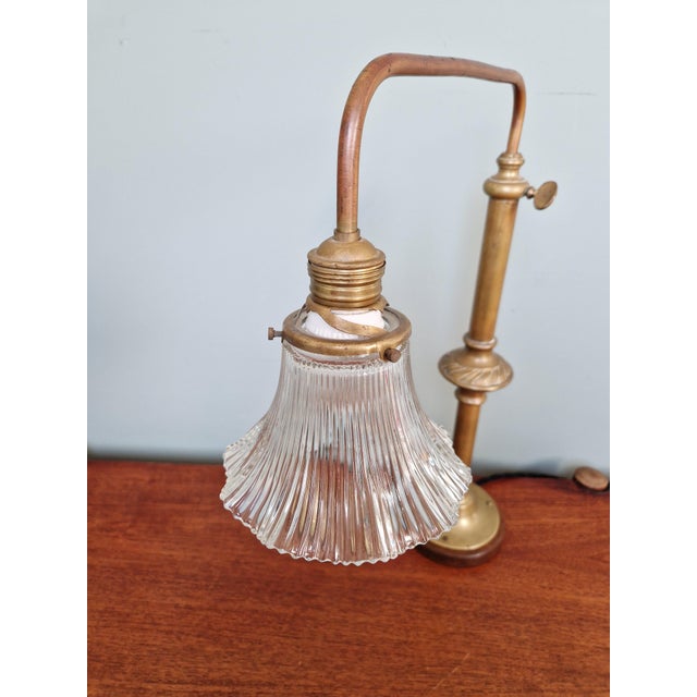 Large Brass, Wood, and Clear Fluted Glass Desk Lamp, 1930s For Sale - Image 12 of 16