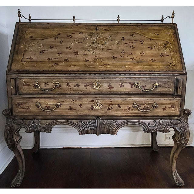 Wood 1990s Lillian August French Provincial Painted Floral Slant-Front Secretary Desk With Brass Gallery For Sale - Image 7 of 18